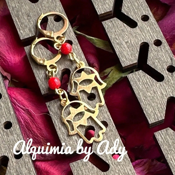 Bamboo coral gold hamsa 🪬 statement bohemian dangle long earrings - Picture 1 of 4